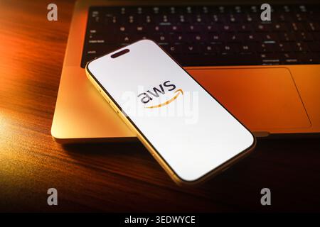 Amazon web services or AWS logo is displayed on the screen of a smartphone, in Bangalore, India, on May 11, 2026 Stock Photo