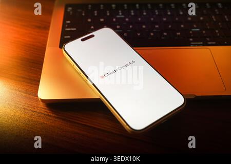 Claude opus logo is displayed on the screen of a smartphone, in Bangalore, India, on May 11, 2026 Stock Photo