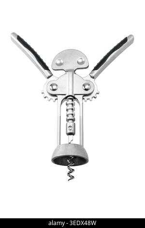 Lever corkscrew made of chrome-plated metal, insulated on white, clipping path included Stock Photo