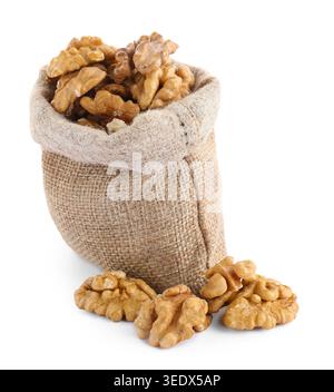 Walnuts in burlap bag isolated on white Stock Photo