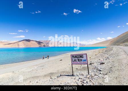 Signboard of Pangong Lake or Pangong Tso, high grassland lake, is a stunning, endorheic lake located in Ladakh, India. Known for changing colors from Stock Photo