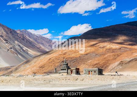 Beautiful temple at Pangong Lake or Pangong Tso, high grassland lake, is a stunning, endorheic lake located in Ladakh, India. At Indo-China border Stock Photo