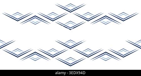 Seamless ornamental geometric border and design element set. Blue rhombuses on white background. Folklore ornament of lines. Blue monochrome elements Stock Vector
