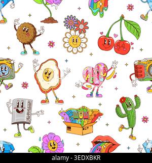 Cartoon groovy hippie characters seamless pattern Stock Vector