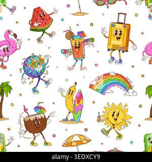 Cartoon groovy travel characters seamless pattern Stock Vector