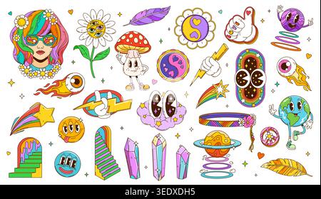 Retro psychedelic groovy funky hippie characters Stock Vector