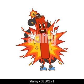 Cartoon groovy dynamite character with fire flames Stock Vector