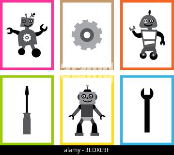 Set of six flat vector panels featuring robots, wrench, screwdriver and gear symbols on bright colored backgrounds Stock Vector