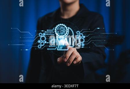 AI automation technology concept. Businesswoman touching artificial intelligence interface with circuits, gears, data network, machine learning, Stock Photo