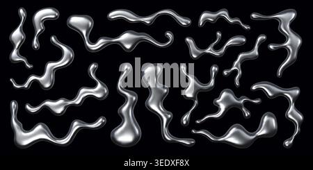 Liquid metal chrome blobs, silver squiggly drops Stock Vector