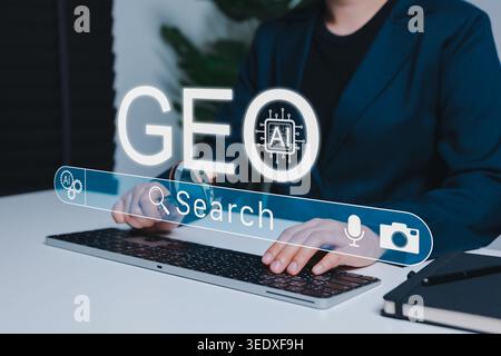 GEO Generative Engine Optimization and AI Search Marketing Concept. Person using laptop and search bar with AI chip and search icons Stock Photo