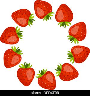 Fresh organic strawberry wreath. Vibrant round frame made of ripe red strawberries in flat vector style. Versatile design for food labels, summer festival posters, and kitchen decor. Stock Vector