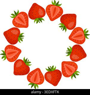 Strawberry wreath. Round frame of whole and halved red strawberries in flat vector style. Ideal for summer food labels, greeting card design, menu decorations, and healthy lifestyle designs. Stock Vector