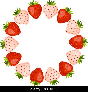 Strawberry Pineberry wreath circle frame. Round frame made of red and pink strawberries in flat vector style isolated illustration. Perfect for summer designs, greeting cards, invitations, food packaging. Stock Vector