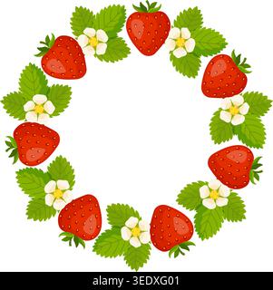 Strawberry wreath with green leaves. Floral strawberry wreath with red berries, green leaves, and white flowers in flat vector style. For botanical designs, wedding invitations, organic food branding Stock Vector