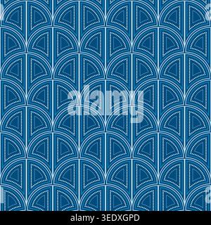 Art nouveau blue seamless pattern of arches. Shades of blue colors design. Geometric ornament of rounded arched elements Stock Vector