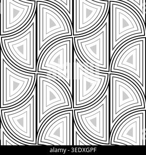 Monochrome art nouveau seamless pattern. Gray elements in white background. Geometric many fans ornament. Pattern of rounded arched elements Stock Vector