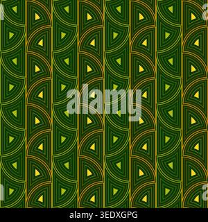 Art nouveau green seamless pattern of arches. Green orange colors. Vertical rows of tiles. Geometric ornament of rounded arched elements Stock Vector