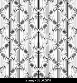 Geometric many fans ornament. Pattern of rounded arched elements. Monochrome art nouveau seamless pattern. Gray elements in white background Stock Vector