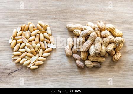 Close-up with two piles of peanuts, in their shells and without them Stock Photo