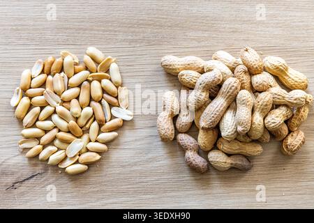 Close-up with two piles of peanuts, in their shells and without them Stock Photo