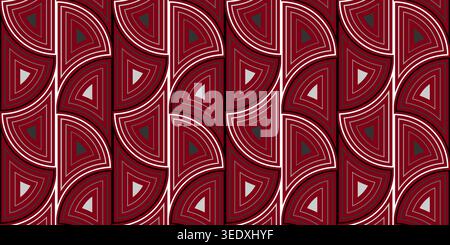 Fantasy black white elements on red background. Geometric seamless pattern. Fancy sharp arch shaped. Bright modern design of curved lines Stock Vector