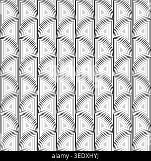Monochrome art nouveau seamless pattern. Gray elements in white background. Vertical rows of tiles. Geometric design of rounded arched elements Stock Vector