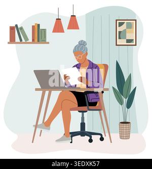 Woman sits at desk, focused on laptop Stock Vector