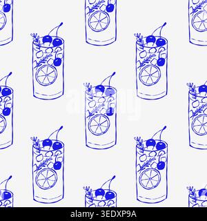Blue outlines of cocktails in pattern. Circles, cherries, and leaves decorate each glass. Refreshing drinks suggest summer or evening vibes. Pattern r Stock Vector