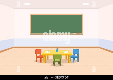 Kindergarten classroom interior with colorful chairs, yellow table and green chalkboard vector. Stock Vector