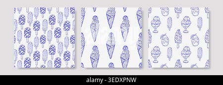 Blue ice cream patterns on white background. Delicate designs in varying styles. Ideal for textiles, wallpaper, or stationery. Stock Vector