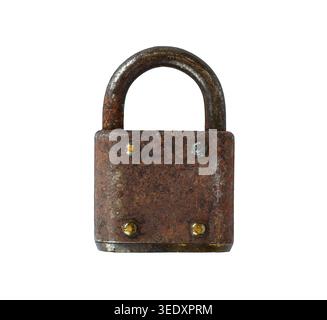 Old rusty metal padlock with weathered surface isolated on white background. Vintage security object symbolizing protection, restriction, privacy, agi Stock Photo