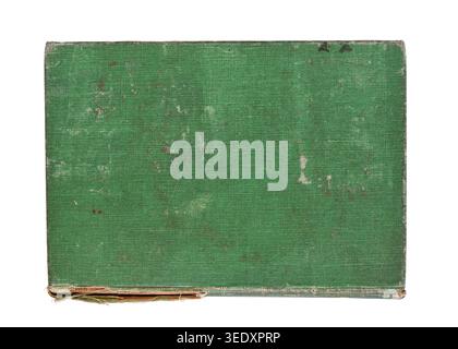 Worn vintage green book cover with aged fabric texture and distressed edges isolated on white background. Ideal for design mockup, background, overlay Stock Photo