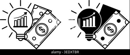 Business Idea Icons. Line and Glyph Vector Icons. Glowing Light Bulb, Chart with Up Arrow, and Money. Creating a Profitable Company. Concept Idea Stock Vector