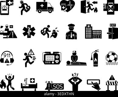 Glyph Emergency Icon Set. Vector Icons: Evacuation, First Aid, Defibrillator, Ambulance, Police, Fire Extinguisher, 911, CPR, Paramedics, and More Stock Vector