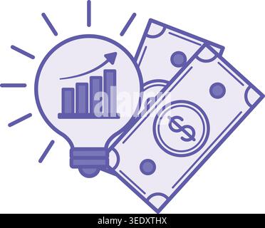 Purple Business Idea Icon. Vector Icon. Glowing Light Bulb, Chart with Up Arrow, and Money. Creating a Profitable Company. Concept Idea Stock Vector