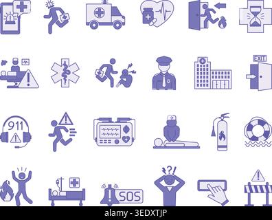 Purple Emergency Icon Set. Vector Icons: Evacuation, First Aid, Defibrillator, Ambulance, Police, Fire Extinguisher, 911, CPR, Paramedics, and More Stock Vector