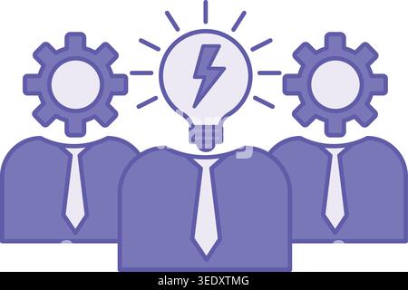 Purple Brainstorming Icon. Vector Icon. People in Ties, Glowing Light Bulb, and Gear. Collective Idea Generation. Leveraging Team Creative Thinking. B Stock Vector