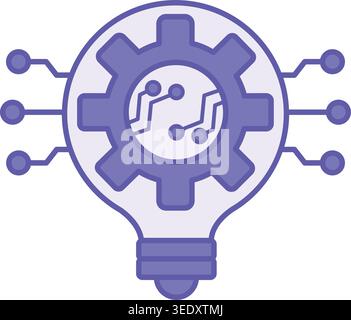 Purple Innovation Icon. Vector Icon. Gear in a Light Bulb. Implemented Innovation, Ensuring Qualitative Increase in Product Efficiency, Demanded by th Stock Vector