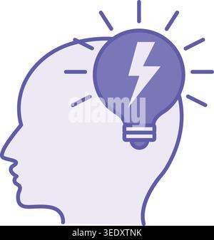 Purple Head Idea Icon. Vector Icon. Glowing Light Bulb and Human Head. Profitable Solution for Target Audience Problem. Concept Idea Stock Vector