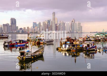 Panama City skyline, cityscape view from Cinta Costera, fishing boats, Panama, Central America Stock Photo