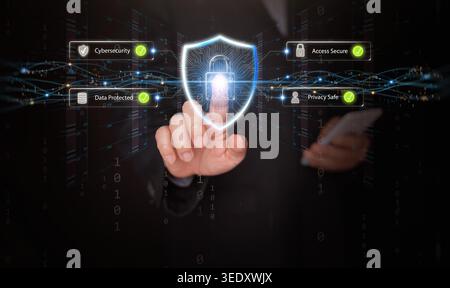 Businessman finger touching cybersecurity shield with digital lock, and secure access icons. Data protected, privacy safe, cyber defense, network secu Stock Photo