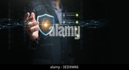Business hand holding global cybersecurity shield with a digital lock inside a globe. Data protected, privacy safe, secure access, cyber defense, glob Stock Photo