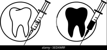 Syringe icons. Black and White Vector Icons of Syringe with Medicine and Tooth. Dental care and treatment. Medicine and Dentistry Concept Stock Vector