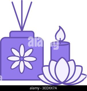 Aromatherapy Colored Icon. Vector Icon of Scented Candle, Aromatherapy Stick, and Lotus Flower. Aroma Reed Diffuser. Spa Treatments and Relaxation. Me Stock Vector