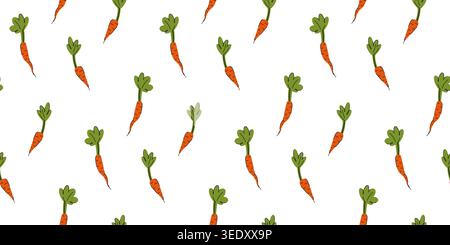 Seamless floral pattern with small carrots on a white background in doodle style, local market products, farm decoration materials Stock Vector