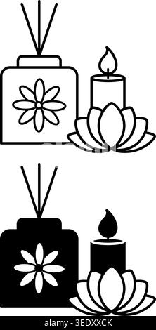 Aromatherapy icons. Black and White Vector Icons. Scented Candle, Aromatherapy Stick, and Lotus Flower. Aroma Reed Diffuser. Spa Treatments and Relaxa Stock Vector