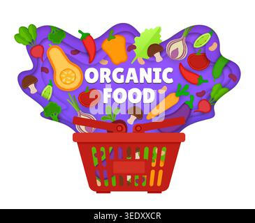 Supermarket paper cut basket with fresh ripe raw vegetables, vector banner. Organic vegetarian and healthy vegan food veggies broccoli, carrot, and pepper splash from paper cut store basket Stock Vector