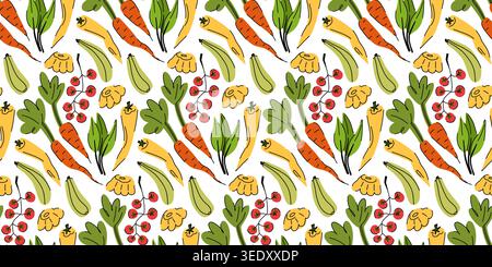 A rich, vibrant pattern featuring farm-fresh young crops for local markets, packaging, paper, and fabric. Seamless Pattern with Hand-Drawn Vegetables Stock Vector