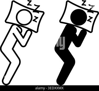 Good Sleep icons. Black and White Vector Icons of a Soundly Sleeping Man on a Pillow. Healthy Sleep, Relaxation. Healthy lifestyle. Wellness Concept Stock Vector
